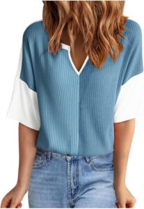 Camisetas femininas com gola V, manga curta, cores contrastantes, caimento solto, crochê, outono, verão, 2025, D-180 Azul royal claro, XGG