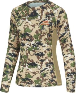 BASSDASH Camiseta feminina camuflada de caça, manga comprida, FPS 50+, proteção solar, desempenho, pesca, caminhada