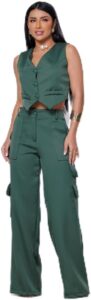 Conjunto Colete Curto e Calça Cargo Alfaiataria Feminino