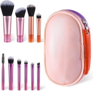 Conjunto de 10 pincéis de maquiagem para viagem, mini pincéis de maquiagem de bolso, pacote com pacote portátil, tamanho de viagem, kit de pincéis cosméticos para sombra, base, contorno de sombra,