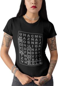 Hipsters, Camiseta Feminina Rock And Roll Caça Palavras Preta Tamanho:M;Cor:Preto