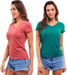 Kit 2 Camisetas Baby Look Feminina Gola V em Viscose anti pilling dry
