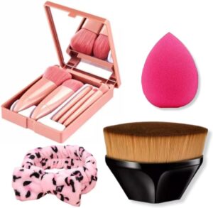 Kit 5 Pincéis de Maquiagem de Bolsa com Espelhinho, Pincel Kabuki Blogueira TikTok, Faixa para Maquiagem, Esponjinha Macia de Maquiagem