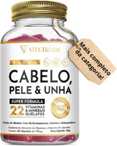 Vitamina para Cabelo Pele e Unha – Super fórmula com 22 Nutrientes 60 cápsulas sem sabor – Com Biotina, Cisteína, Metilcobalamina, Astaxantina, Ácido Fólico
